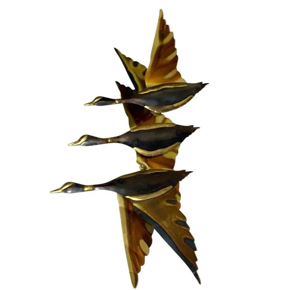 Vintage MCM Brass Flying Geese Wall Art Sculpture Trio 3 Birds Retro Decor 1960s